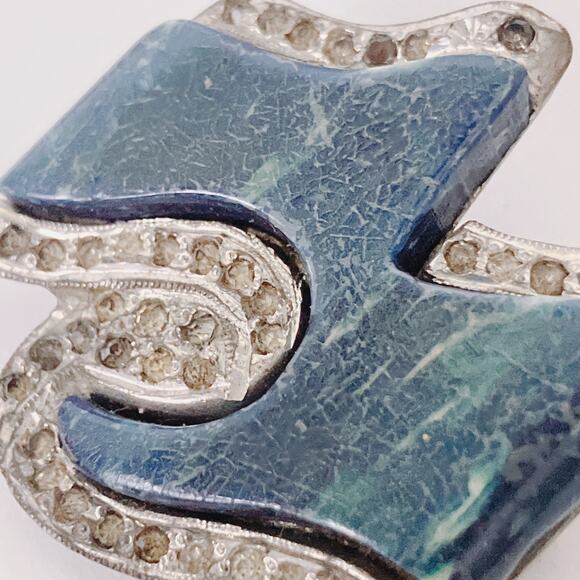 Vintage 1930s Art Deco Silver Tone Brooch w Rhinestones & Blue Galalith - Picture 3 of 14